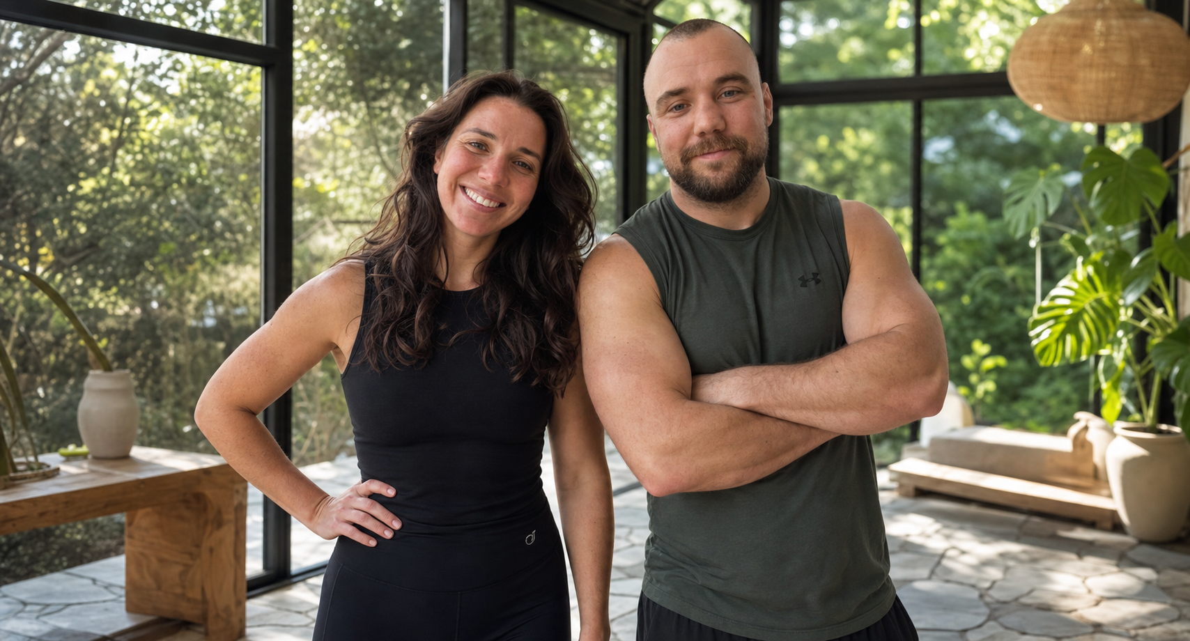 Lydia and Michael, hosts of MOVE // PLAY Retreats, standing together in the garden studio